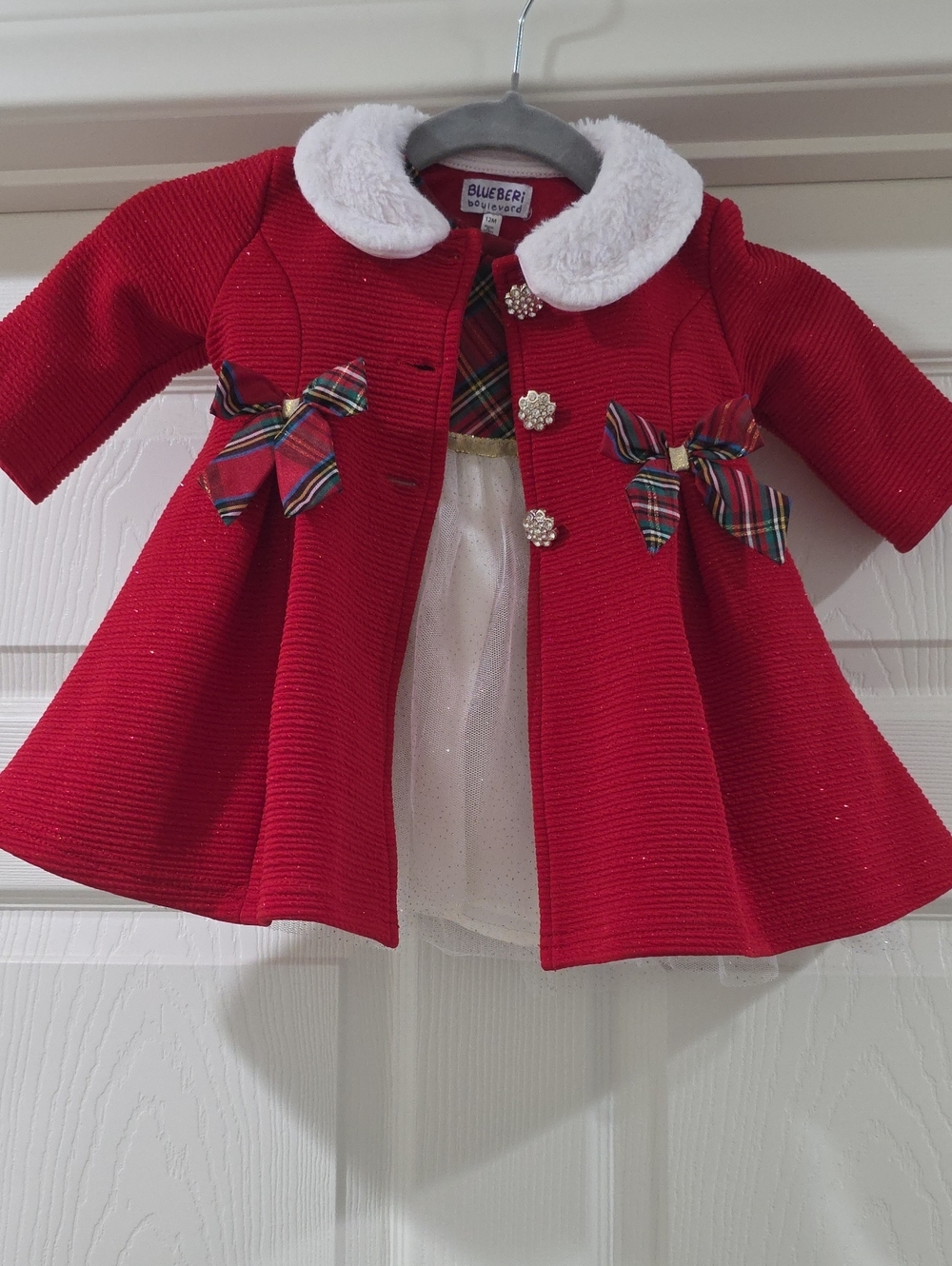 Blueberi Boulevard Red Coat with White Faux Fur Collar and Plaid Bows - 12Months